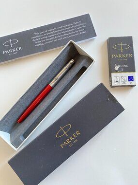 Parker Vector Red Fountain Pen France Silver Trim Box Quink Blue Refills Set
